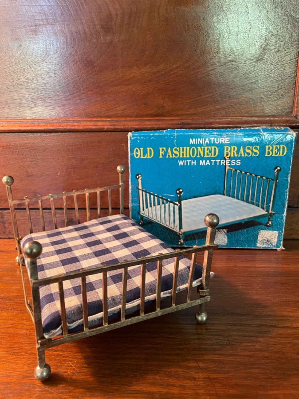 Vintage Miniature Brass Bed . Doll house. Blue Checked Mattress